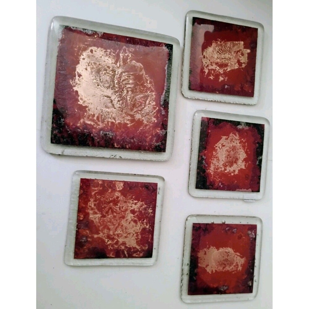 Vtg Jones Glassworks Seattle Fused Art Glass Tray Coaster Set of 5 Red Copper